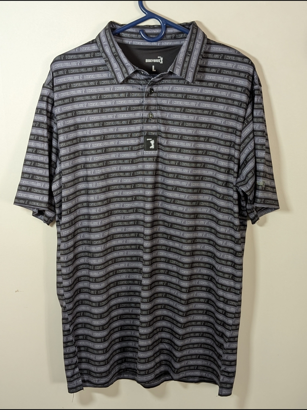 BogeyBros Men's L Gray Black Striped Golf Polo Shirt Short Sleeve Button Logo